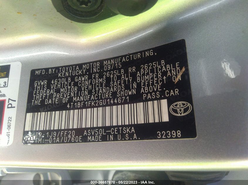 2016 TOYOTA CAMRY XLE/SE/LE/XSE - 4T1BF1FK2GU144671