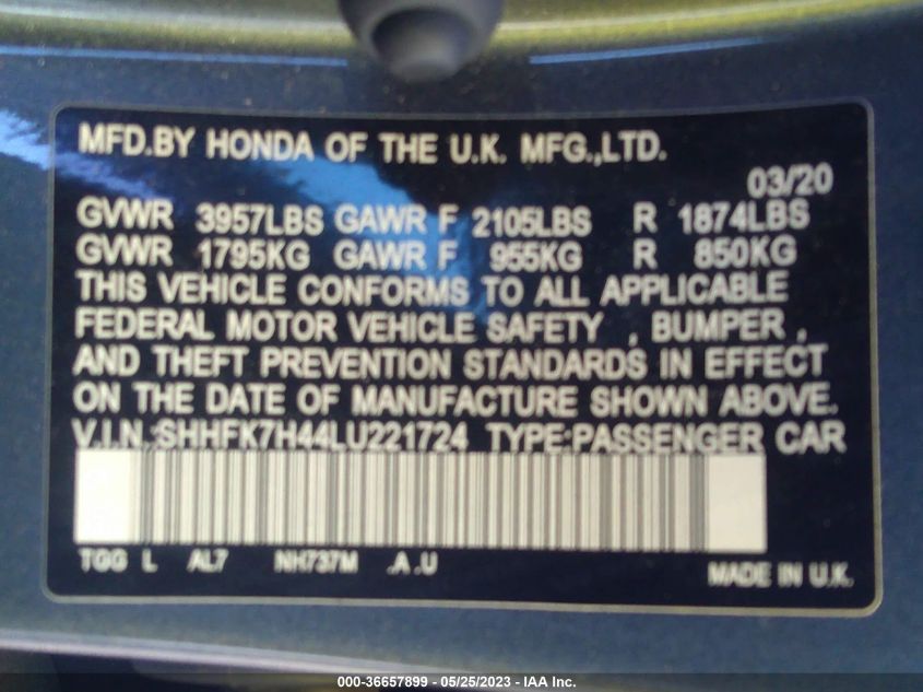 2020 HONDA CIVIC HATCHBACK SPORT - SHHFK7H44LU221724