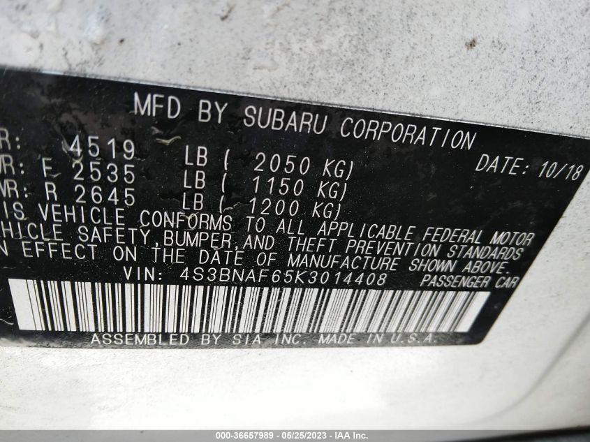 2019 SUBARU LEGACY PREMIUM - 4S3BNAF65K3014408