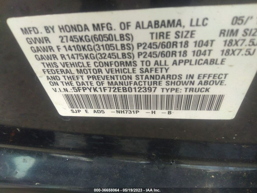 2014 HONDA RIDGELINE SPORT - 5FPYK1F72EB012397