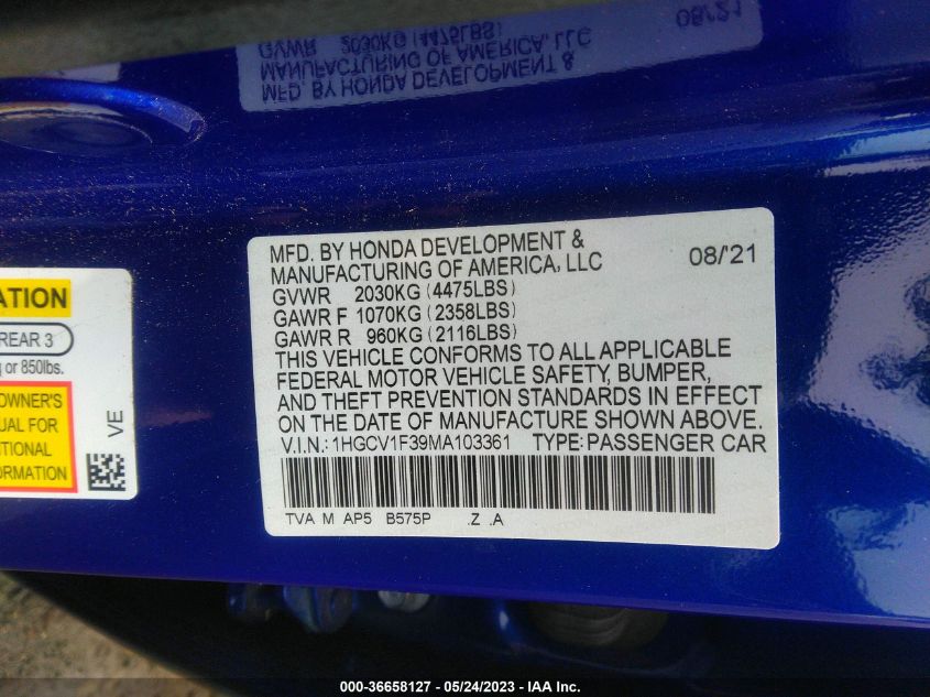 2021 HONDA ACCORD SEDAN SPORT - 1HGCV1F39MA103361