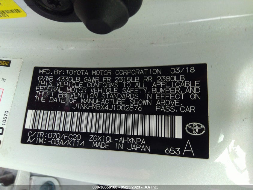 VIN JTNKHMBX4J1002876 2018 TOYOTA C-HR XLE