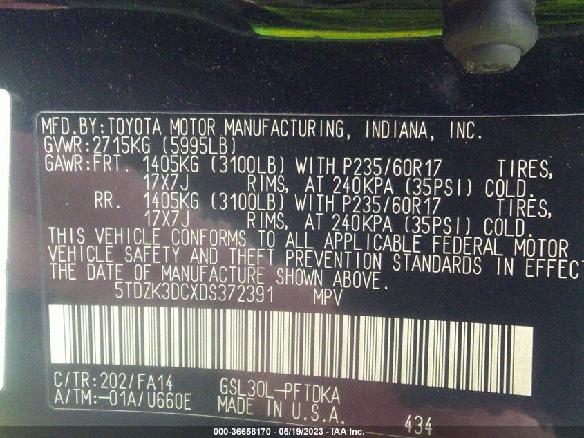2013 TOYOTA SIENNA L - 5TDZK3DCXDS372391
