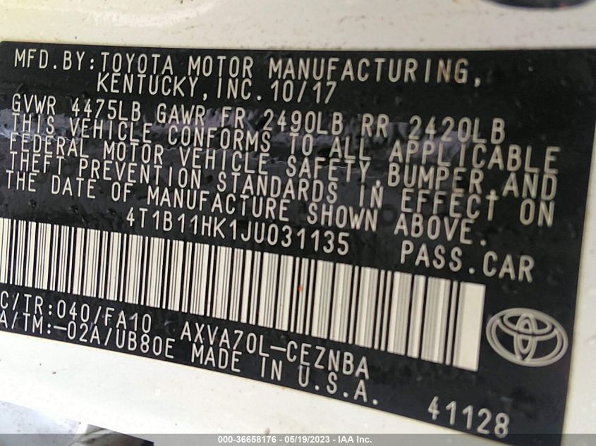 2018 TOYOTA CAMRY LE/SE/XLE/L - 4T1B11HK1JU031135