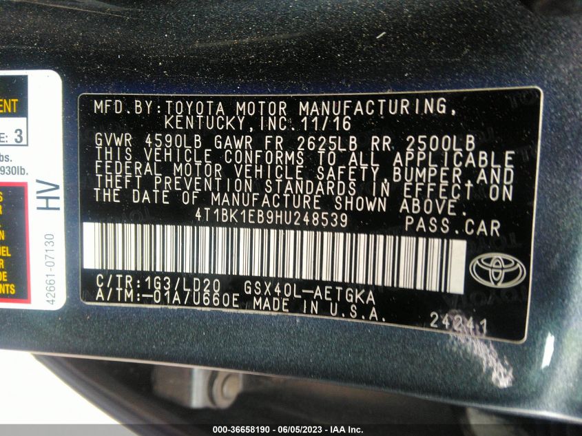 2017 TOYOTA AVALON XLE/XLE PLUS - 4T1BK1EB9HU248539