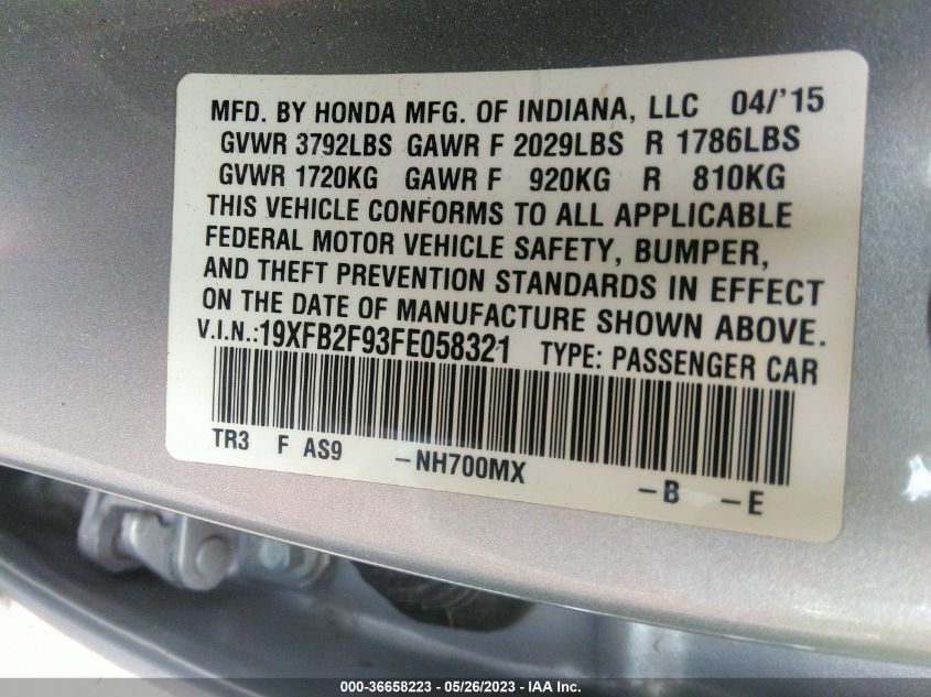 2015 HONDA CIVIC SEDAN EX-L - 19XFB2F93FE058321