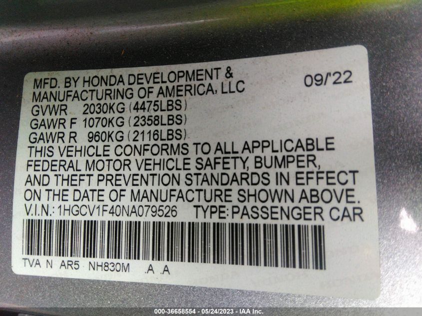 2022 HONDA ACCORD SEDAN SPORT SE - 1HGCV1F40NA079526