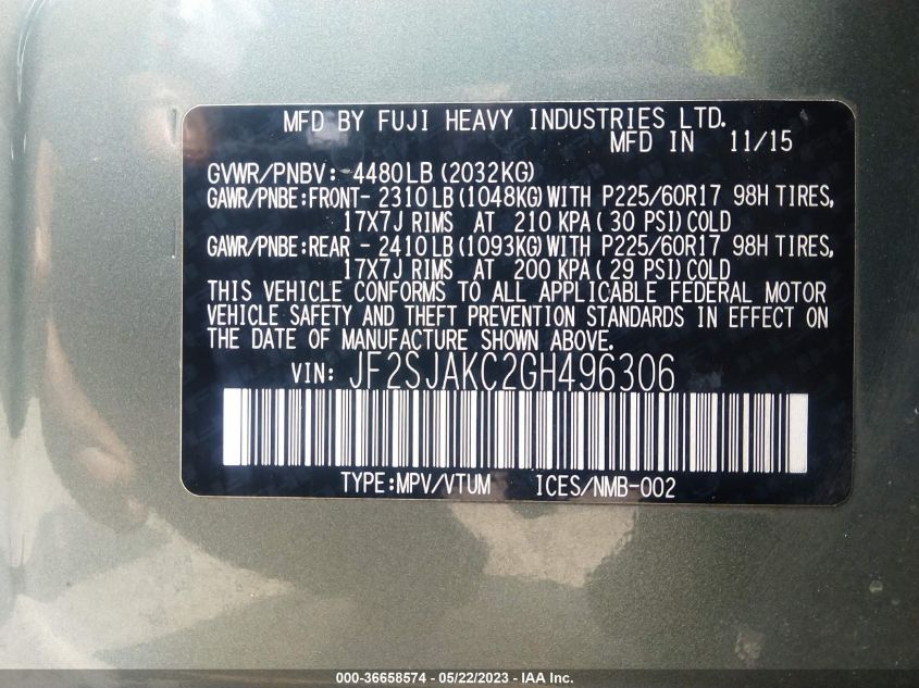 2016 SUBARU FORESTER 2.5I LIMITED - JF2SJAKC2GH496306