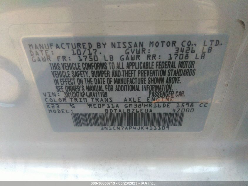 2018 NISSAN VERSA SEDAN SV - 3N1CN7AP4JK411109