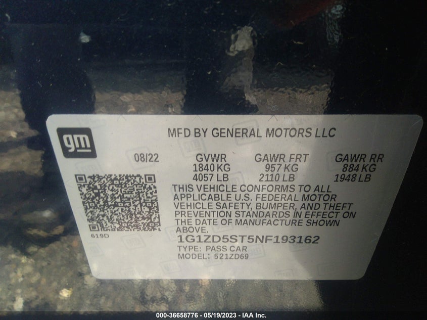 VIN 1G1ZD5ST5NF193162 2022 CHEVROLET MALIBU LT