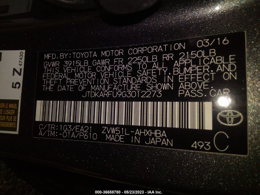 2016 TOYOTA PRIUS FOUR - JTDKARFU9G3012273