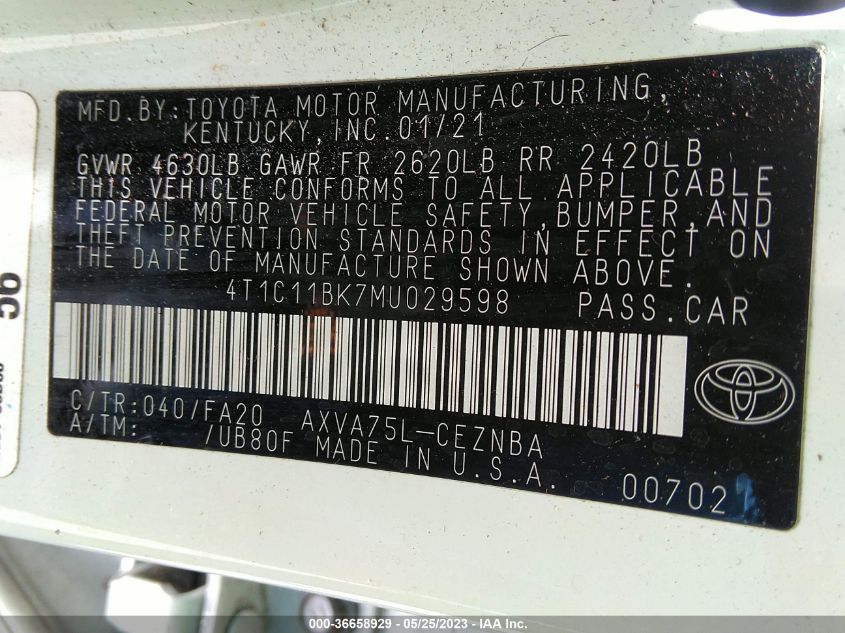 2021 TOYOTA CAMRY LE - 4T1C11BK7MU029598
