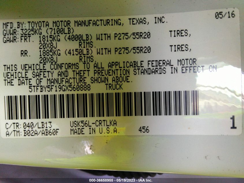 2016 TOYOTA TUNDRA 4WD TRUCK LTD - 5TFBY5F19GX560888