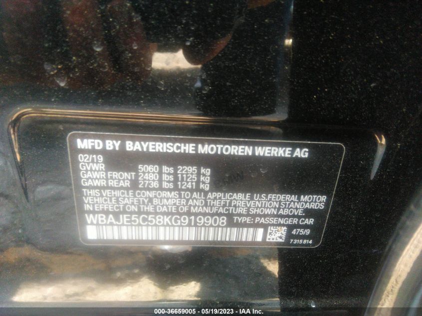 2019 BMW 5 SERIES 540I - WBAJE5C58KG919908