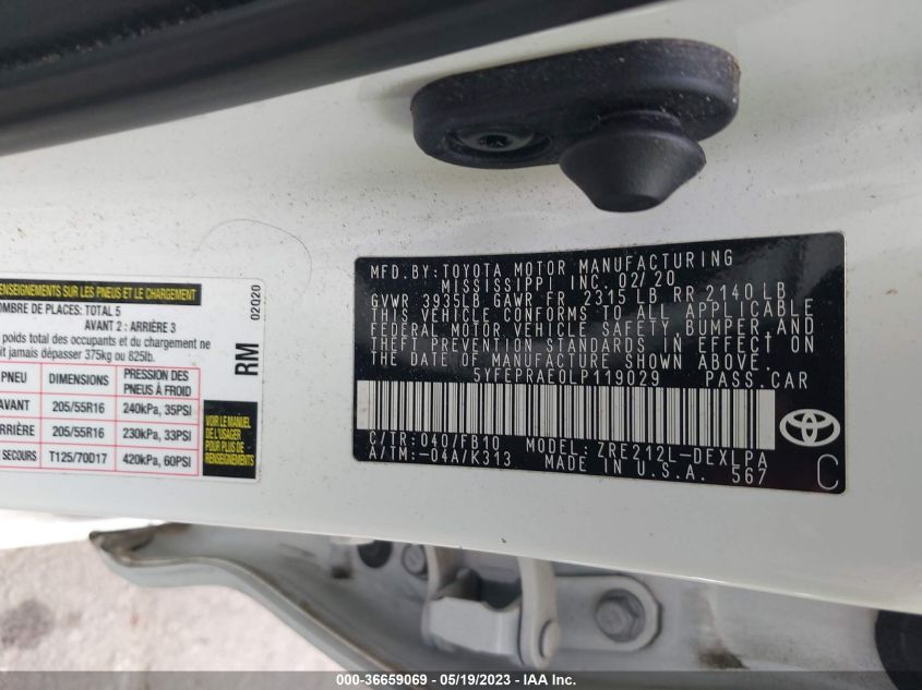 2020 TOYOTA COROLLA LE - 5YFEPRAE0LP119029