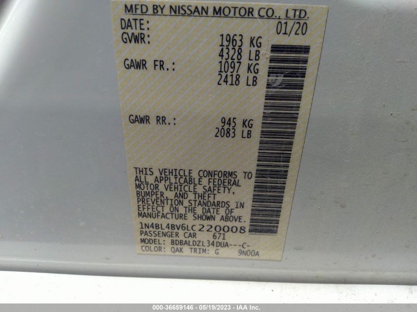 2020 NISSAN ALTIMA 2.5 S - 1N4BL4BV6LC220008