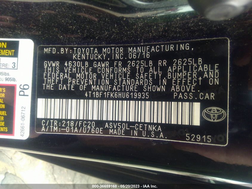 2017 TOYOTA CAMRY XLE/SE/LE/XSE - 4T1BF1FK6HU619935