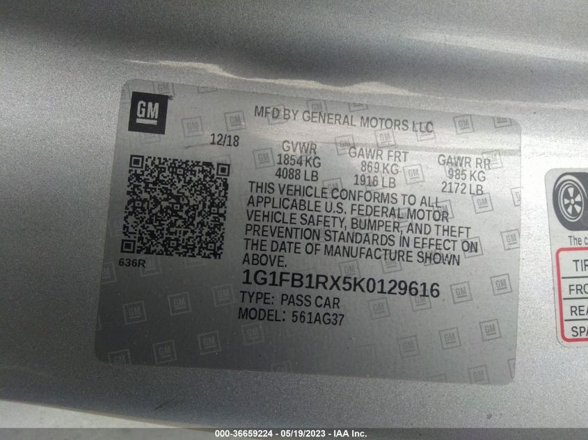 2019 CHEVROLET CAMARO 1LS - 1G1FB1RX5K0129616