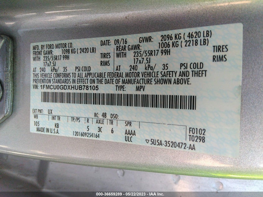 VIN 1FMCU0GDXHUB78105 2017 FORD ESCAPE SE