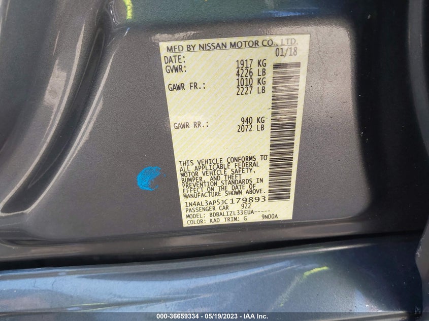 VIN 1N4AL3AP5JC179893 2018 NISSAN ALTIMA 2.5 SV