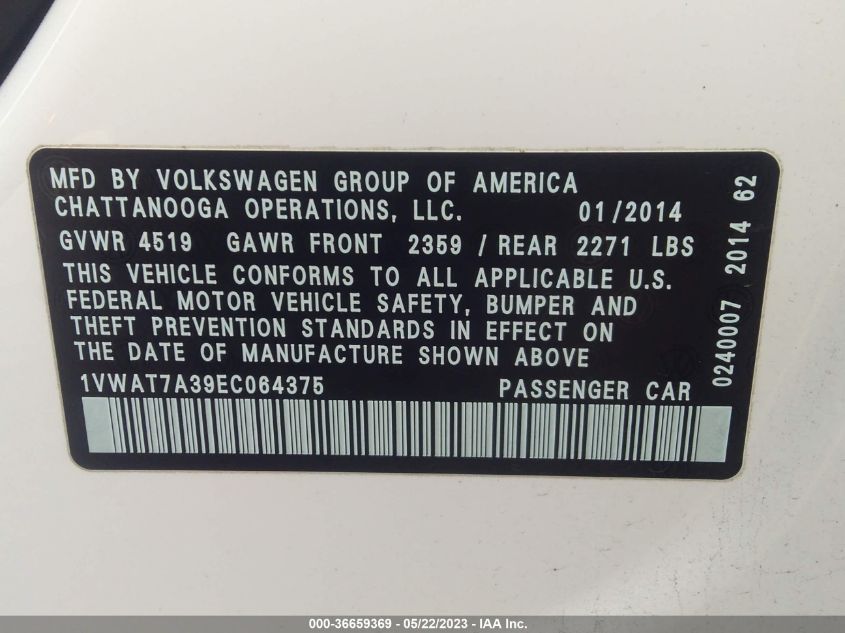 2014 VOLKSWAGEN PASSAT WOLFSBURG ED - 1VWAT7A39EC064375
