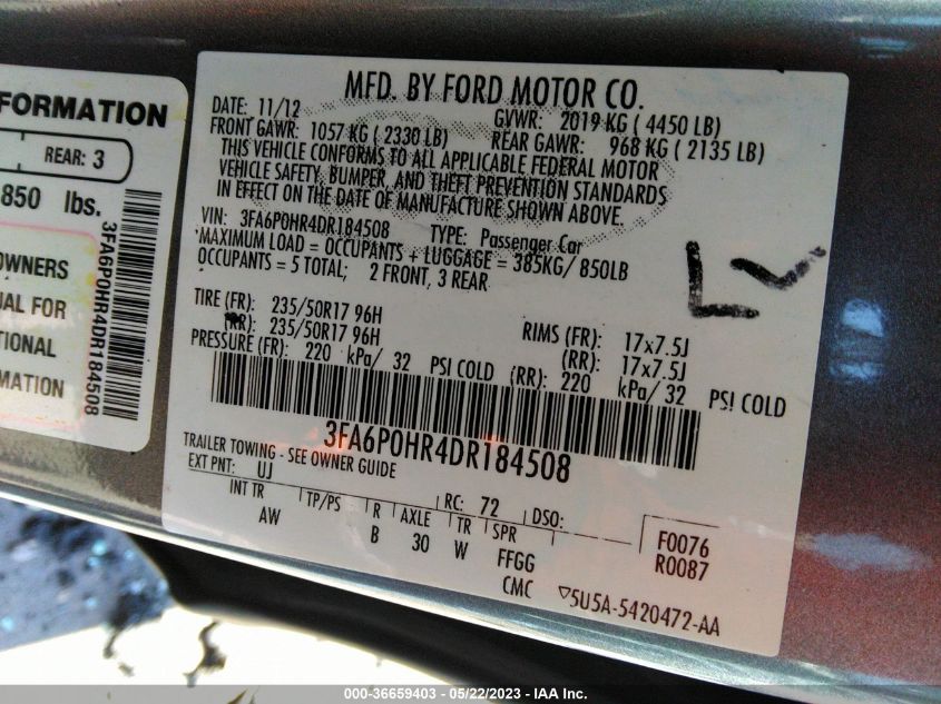 2013 FORD FUSION SE - 3FA6P0HR4DR184508