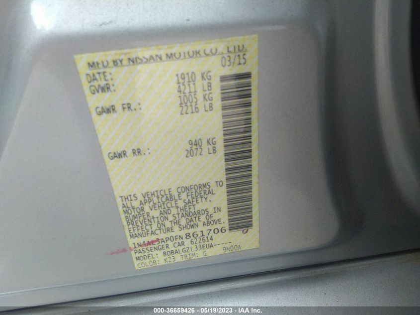 2015 NISSAN ALTIMA 2.5 S - 1N4AL3AP0FN861706