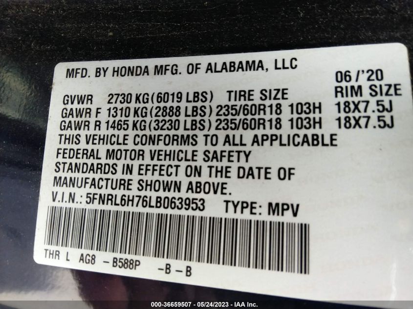 2020 HONDA ODYSSEY EX-L - 5FNRL6H76LB063953