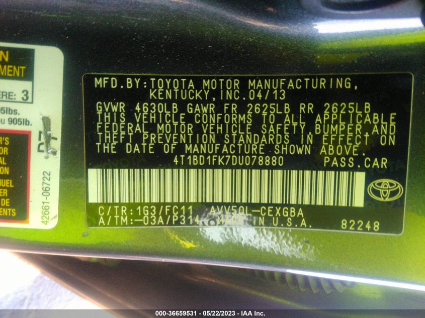 2013 TOYOTA CAMRY HYBRID LE/XLE - 4T1BD1FK7DU078880