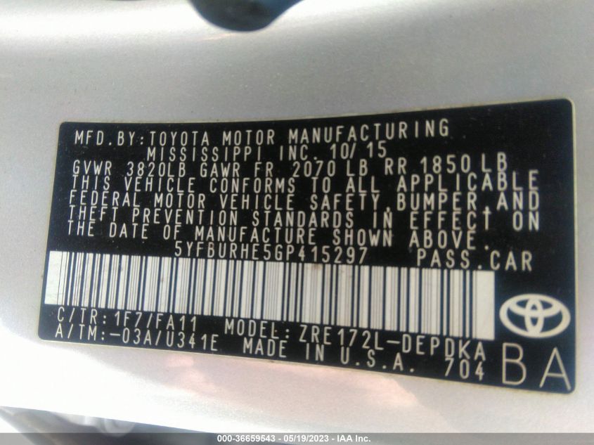 2016 TOYOTA COROLLA L/LE/S/S PLUS/LE PLUS - 5YFBURHE5GP415297