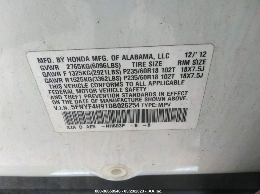 2013 HONDA PILOT TOURING - 5FNYF4H91DB026254