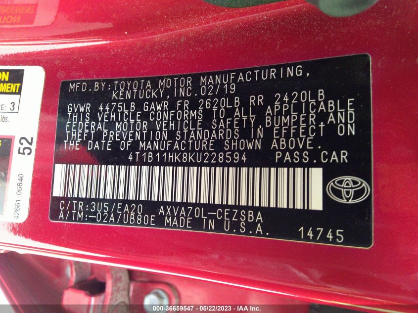 2019 TOYOTA CAMRY LE/SE/XLE/L - 4T1B11HK8KU228594