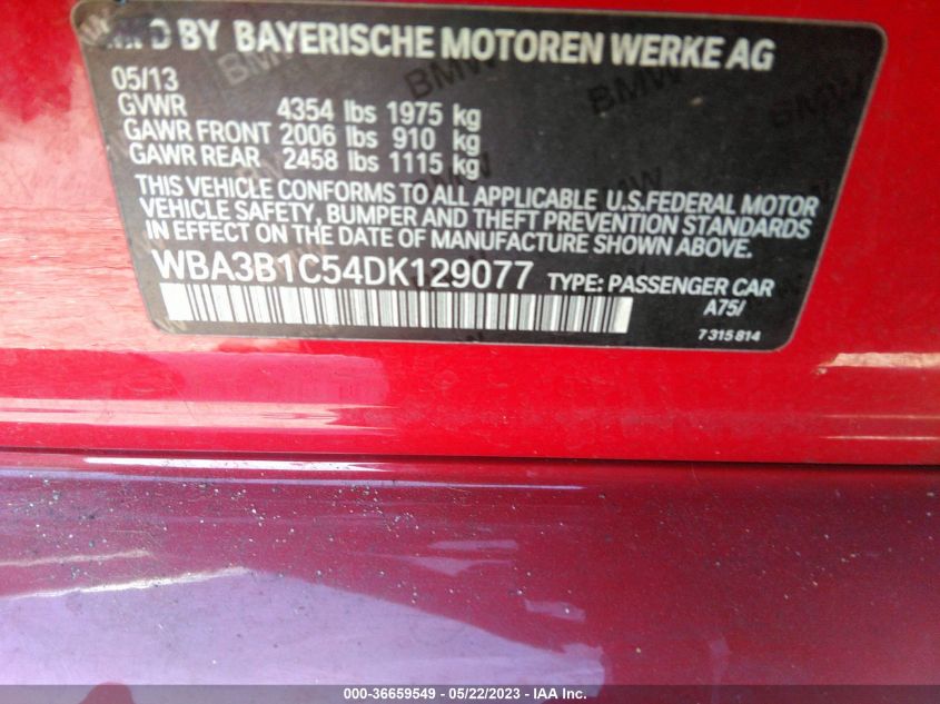2013 BMW 3 SERIES 320I - WBA3B1C54DK129077