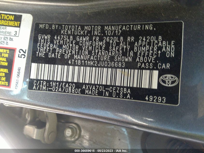 2018 TOYOTA CAMRY LE/SE/XLE/L - 4T1B11HK2JU036683