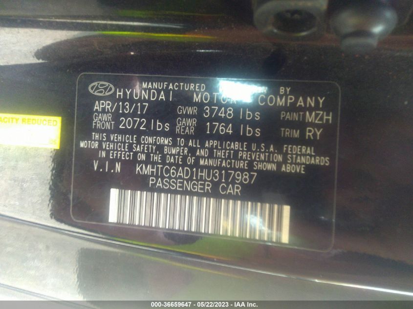 2017 HYUNDAI VELOSTER - KMHTC6AD1HU317987