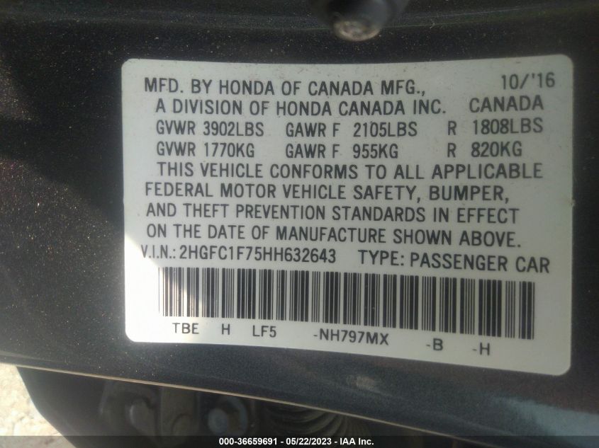 2017 HONDA CIVIC SEDAN EX-L - 2HGFC1F75HH632643
