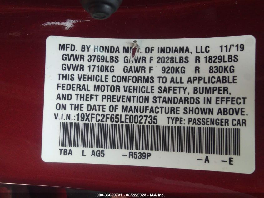 2020 HONDA CIVIC SEDAN LX - 19XFC2F65LE002735