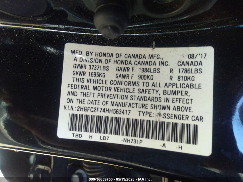 2017 HONDA CIVIC SEDAN EX - 2HGFC2F74HH563417