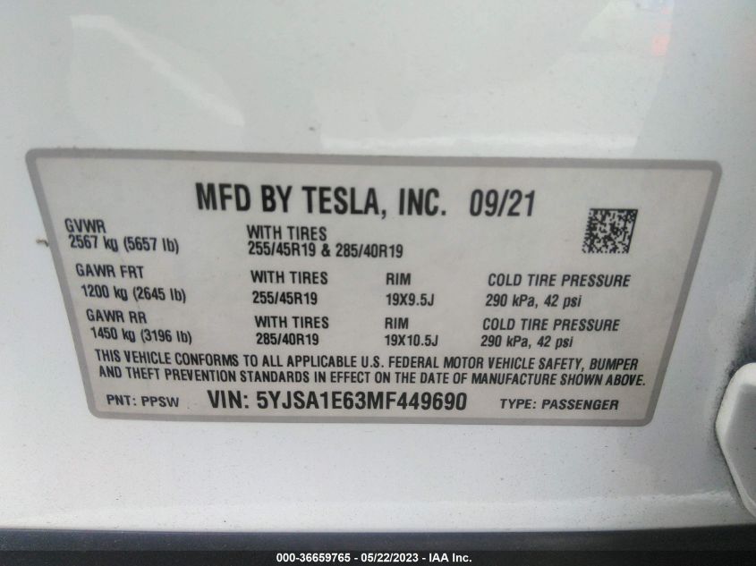 2021 TESLA MODEL S PLAID - 5YJSA1E63MF449690