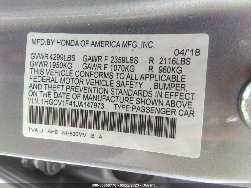 2018 HONDA ACCORD SEDAN EX 1.5T - 1HGCV1F41JA147973