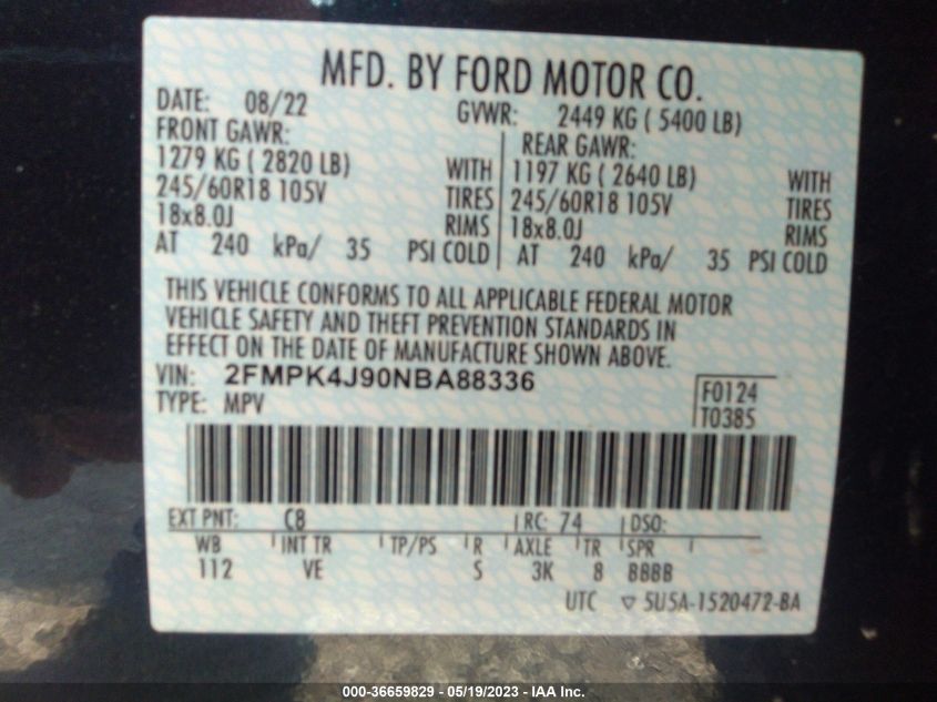 2FMPK4J90NBA88336 2022 FORD EDGE, photo no. 9