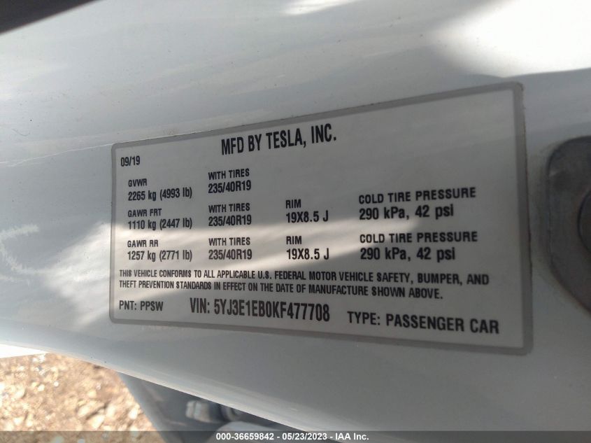 2019 TESLA MODEL 3 LONG RANGE/PERFORMANCE - 5YJ3E1EB0KF477708