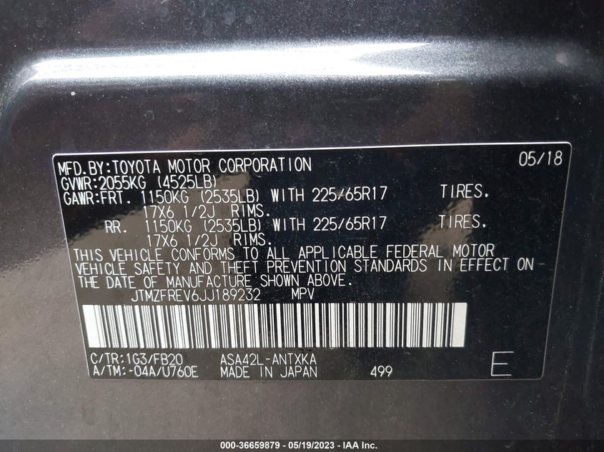 VIN JTMZFREV6JJ189232 2018 TOYOTA RAV4 LE