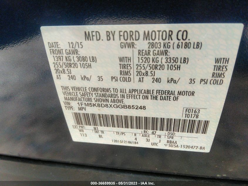 2016 FORD EXPLORER XLT - 1FM5K8DHXGGB85248