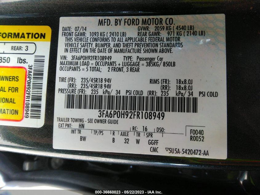 2015 FORD FUSION SE - 3FA6P0H92FR108949