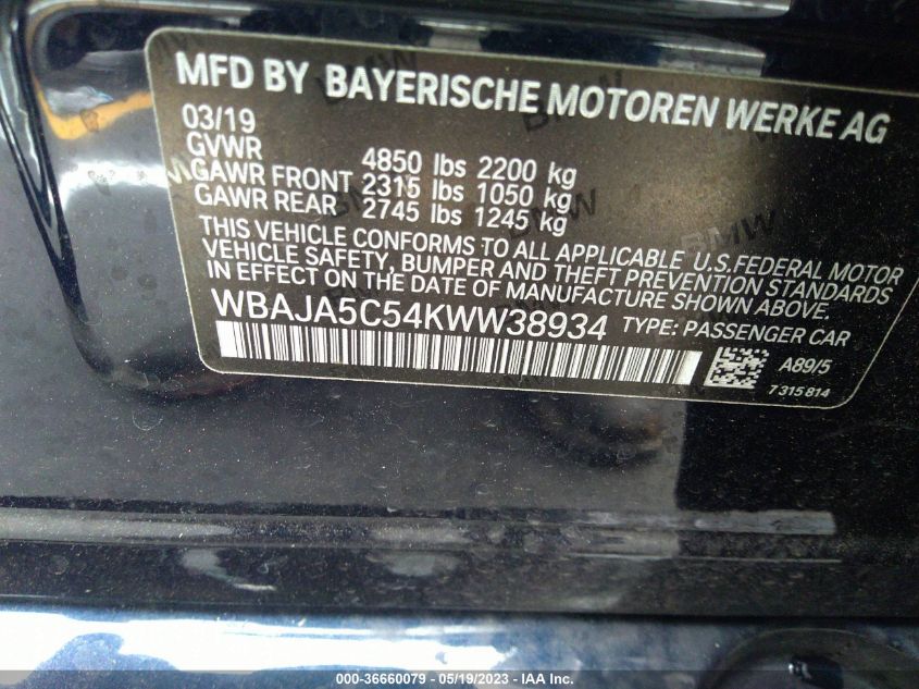 2019 BMW 5 SERIES 530I - WBAJA5C54KWW38934