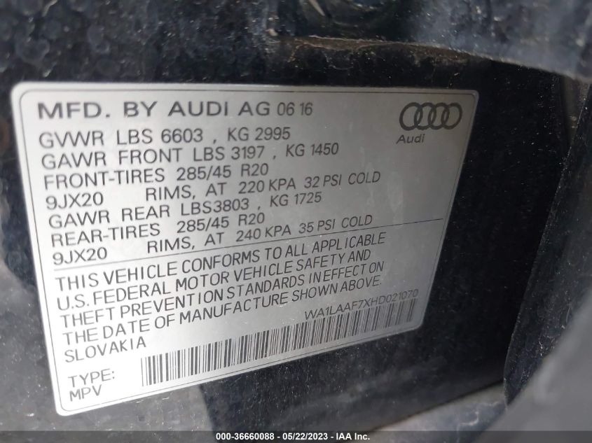 2017 AUDI Q7 PREMIUM PLUS - WA1LAAF7XHD021070