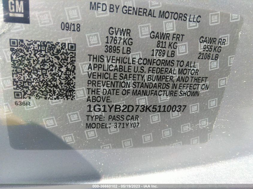 2019 CHEVROLET CORVETTE 1LT - 1G1YB2D73K5110037