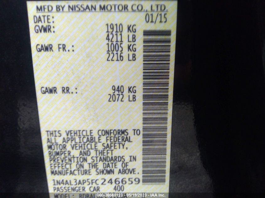 2015 NISSAN ALTIMA 2.5 S - 1N4AL3AP5FC246659