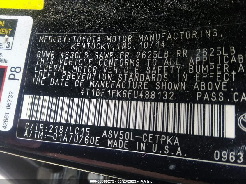 2015 TOYOTA CAMRY XLE/SE/LE/XSE - 4T1BF1FK6FU488132